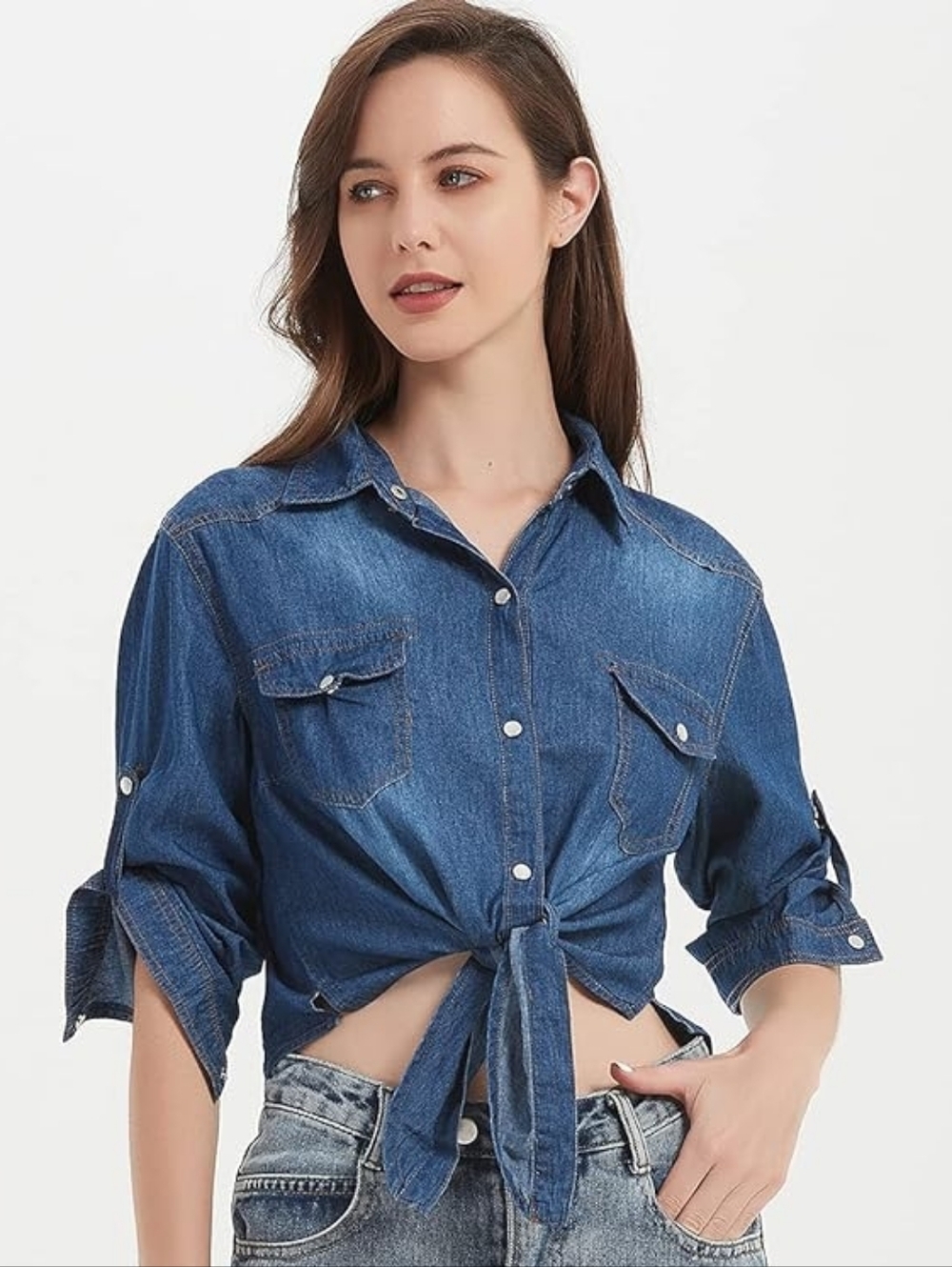 Dark Wash Denim Tie Front Western Crop Shirt M